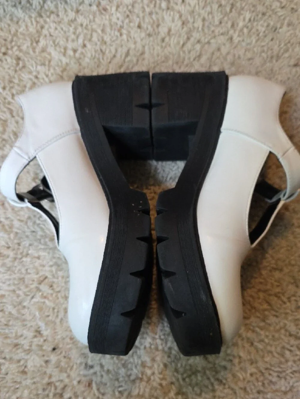 White T-Strap Platform Mary Jane Heels with Black Lug Sole Size 7.5